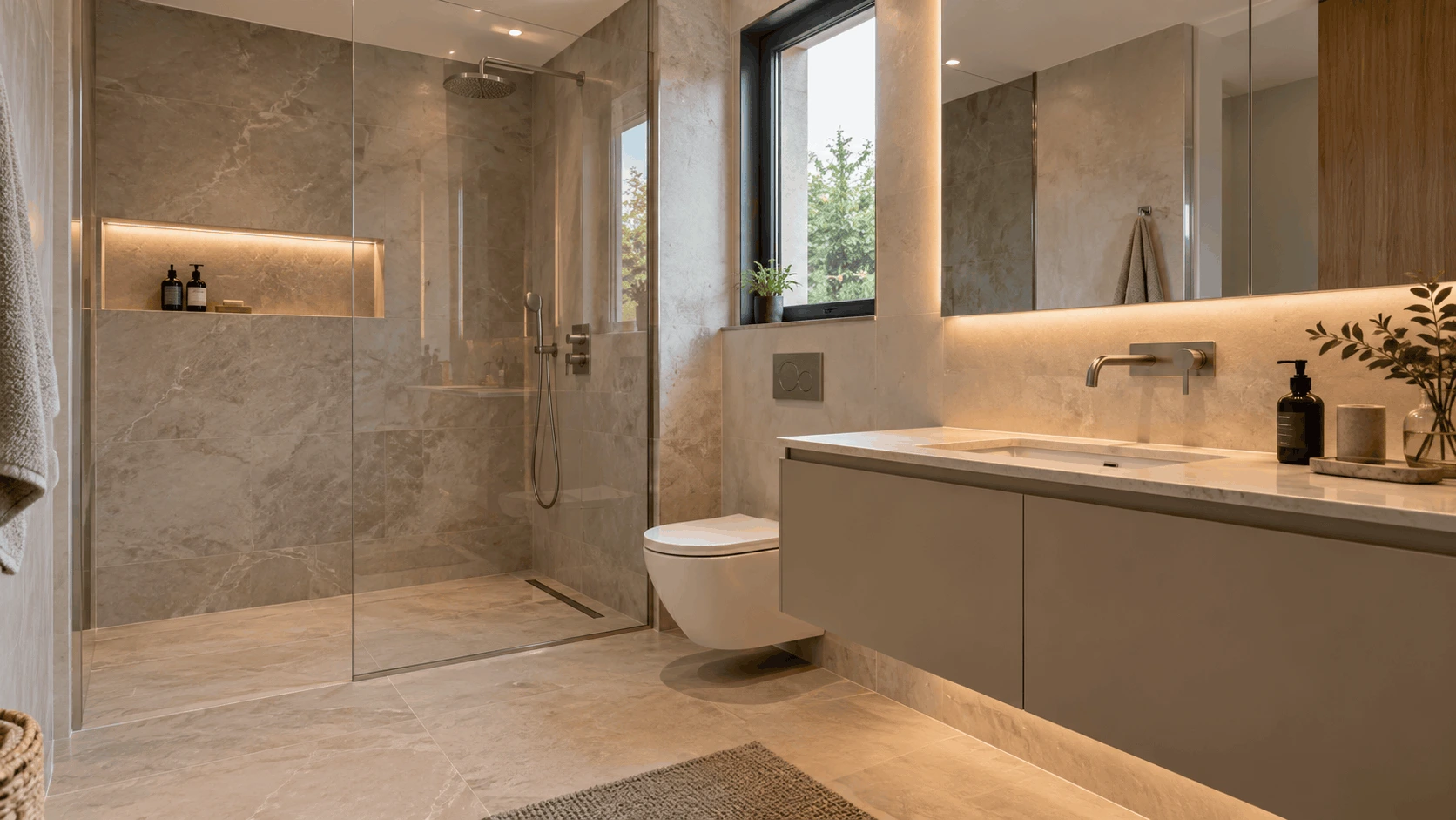 Modern banyo yenileme tasarımı, cam duş alanı, seramik kaplamalar ve lavabo dolabı