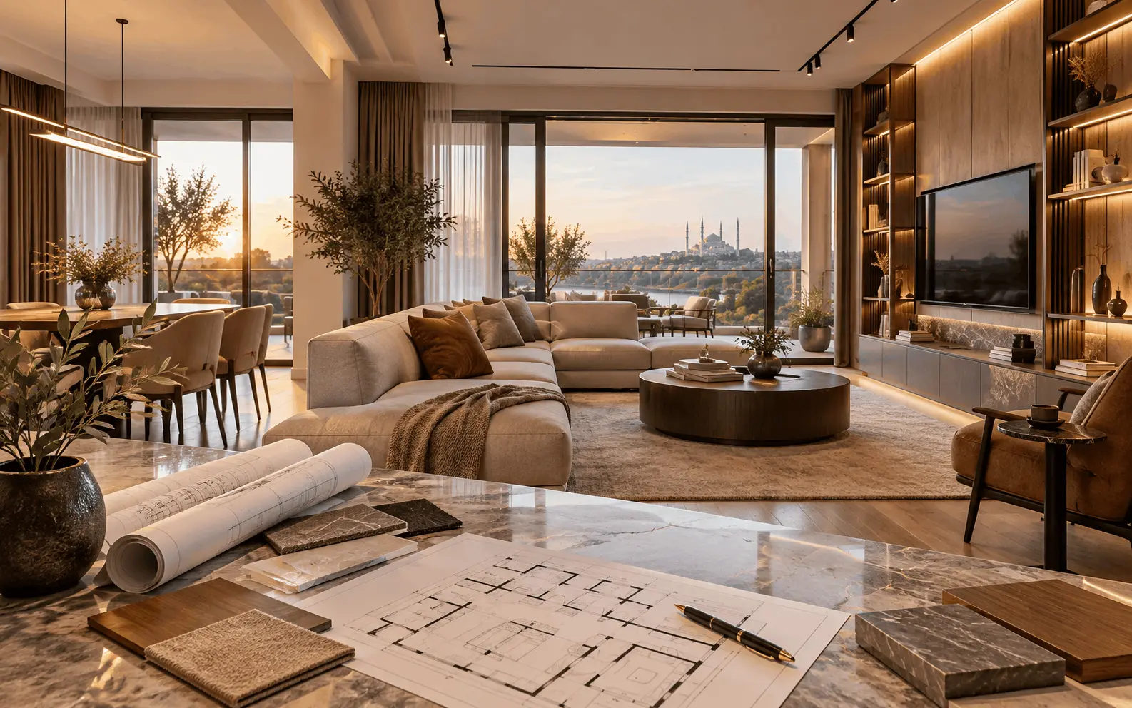 Edirne mimarlık ve iç mimarlık – modern salon tasarımı, mimari proje çizimleri ve malzeme örnekleri